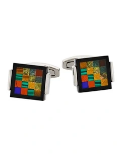 Rhodium Plated Onyx & Tiger Eye & Unakite & Green Aventurine & Red Agate Cufflinks