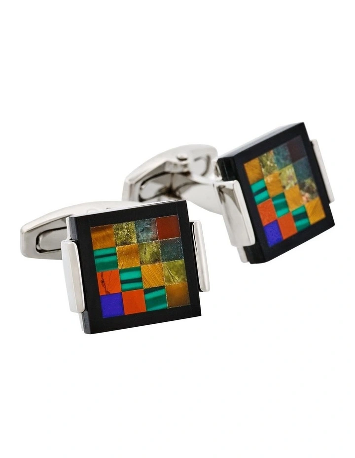 Rhodium Plated Onyx & Tiger Eye & Unakite & Green Aventurine & Red Agate Cufflinks image 2