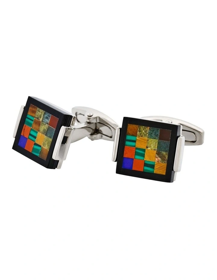 Rhodium Plated Onyx & Tiger Eye & Unakite & Green Aventurine & Red Agate Cufflinks image 3