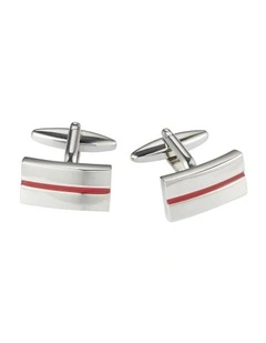 Brushed Rhodium Plated Rectangle Cufflinks with Red Centre Striped Enamel Inlay