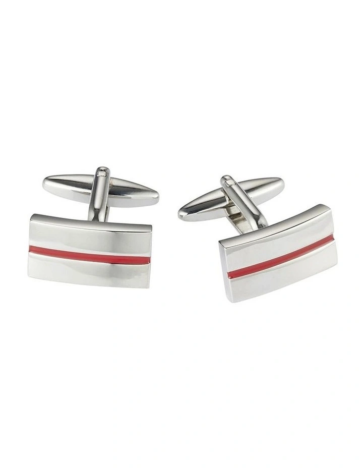 Brushed Rhodium Plated Rectangle Cufflinks with Red Centre Striped Enamel Inlay image 1