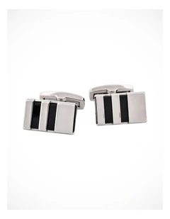 Polished Stainless & Black Enamel Striped Cufflinks