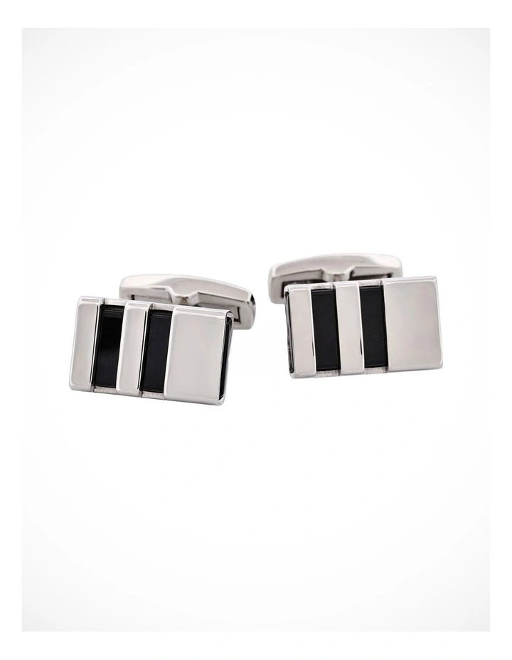 Polished Stainless & Black Enamel Striped Cufflinks image 1