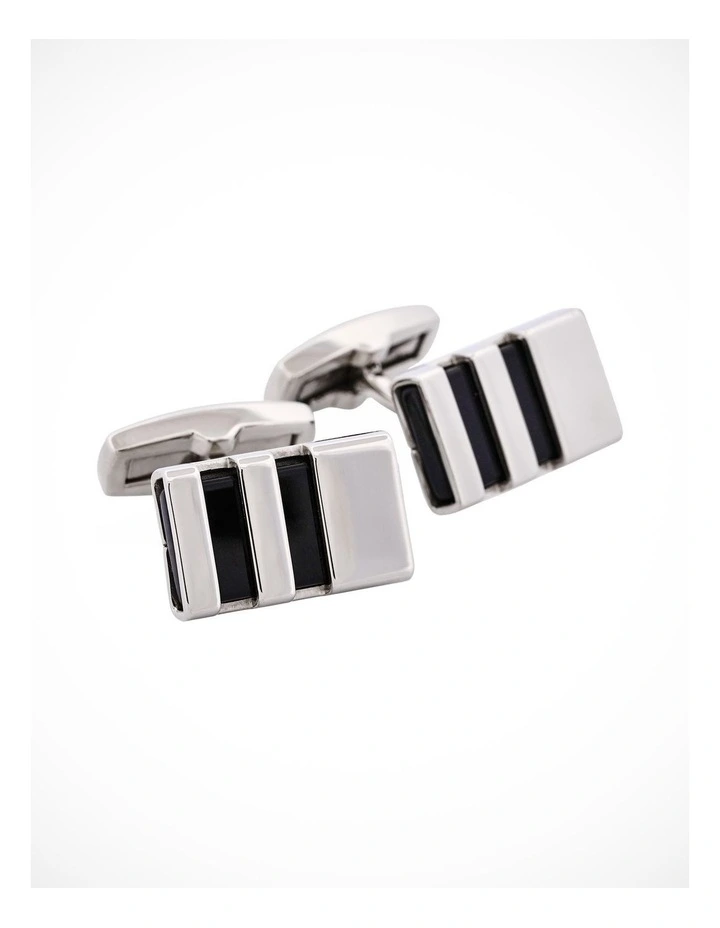 Polished Stainless & Black Enamel Striped Cufflinks image 2
