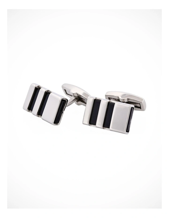 Polished Stainless & Black Enamel Striped Cufflinks image 3