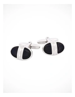 Polished Rhodium Plated & Black Enamel Oval Cufflinks