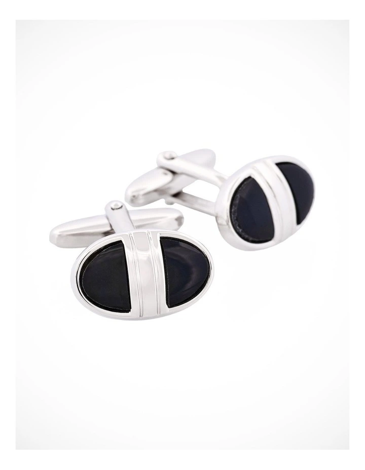 Polished Rhodium Plated & Black Enamel Oval Cufflinks image 2