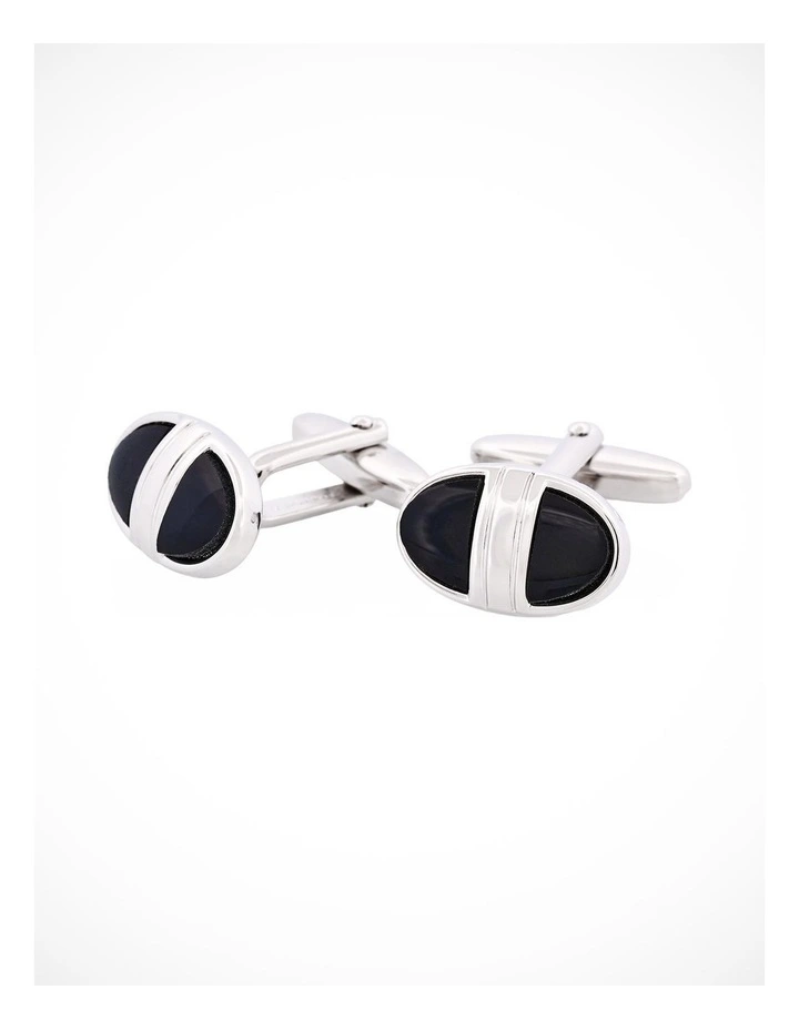 Polished Rhodium Plated & Black Enamel Oval Cufflinks image 3