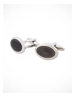 Herringbone Charcoal Enamel on Rhodium Plated Oval Cufflinks
