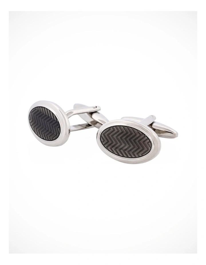 Herringbone Charcoal Enamel on Rhodium Plated Oval Cufflinks image 1