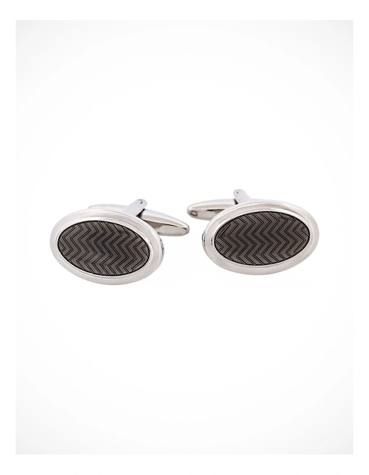 Herringbone Charcoal Enamel on Rhodium Plated Oval Cufflinks image 2