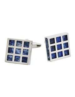 Rhodium Plated Square Patterned Lapis Lazuli Cufflinks