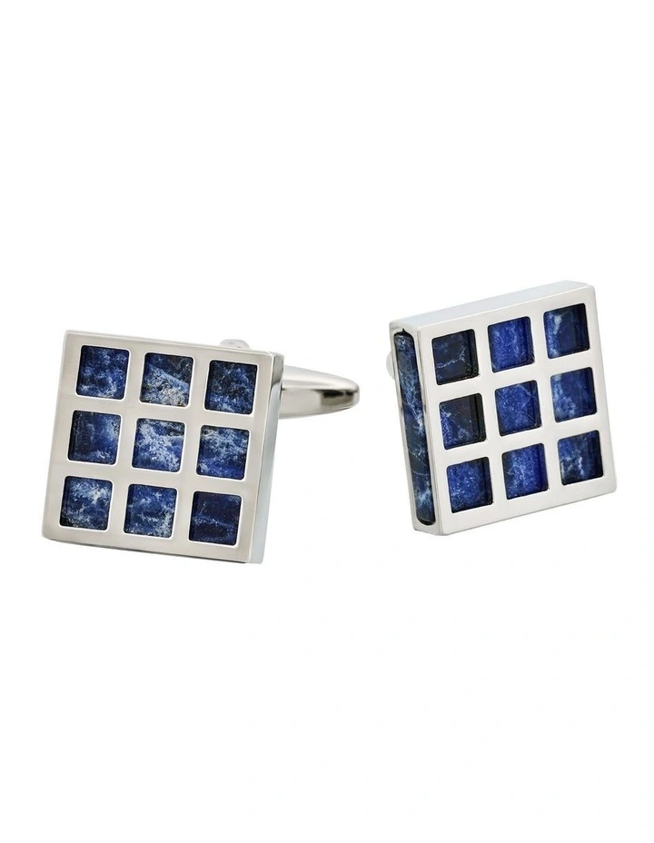 Rhodium Plated Square Patterned Lapis Lazuli Cufflinks image 1