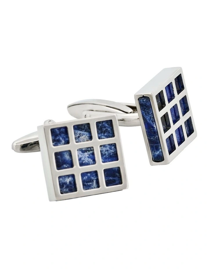 Rhodium Plated Square Patterned Lapis Lazuli Cufflinks image 2