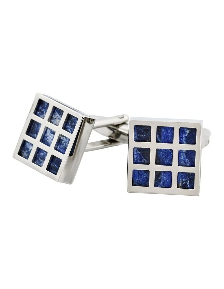 Rhodium Plated Square Patterned Lapis Lazuli Cufflinks image 3