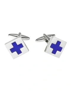 Polished Rhodium Plated Square Cufflinks with Azure Blue Cross Enamel Inlay