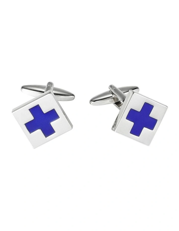 Polished Rhodium Plated Square Cufflinks with Azure Blue Cross Enamel Inlay image 1