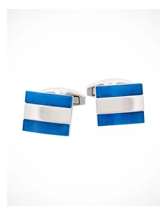 Polished Rhodium Stripe & Light Blue Cats Eye Cufflinks