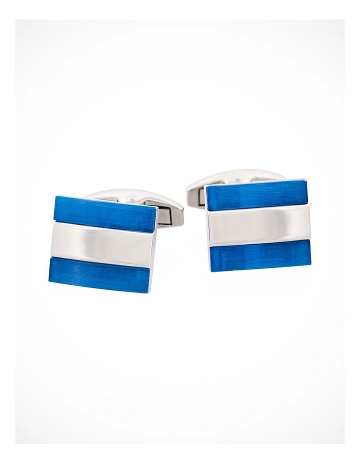 Polished Rhodium Stripe & Light Blue Cats Eye Cufflinks image 1