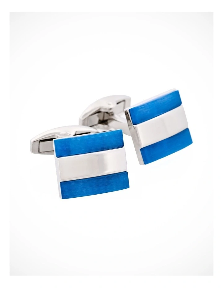 Polished Rhodium Stripe & Light Blue Cats Eye Cufflinks image 2
