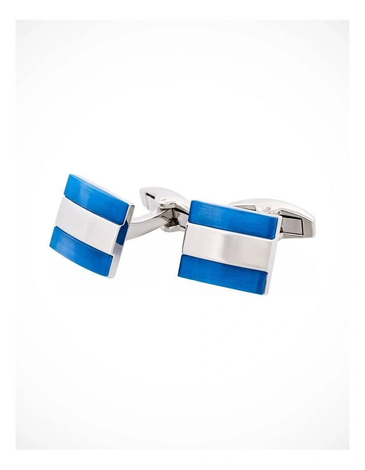 Polished Rhodium Stripe & Light Blue Cats Eye Cufflinks image 3