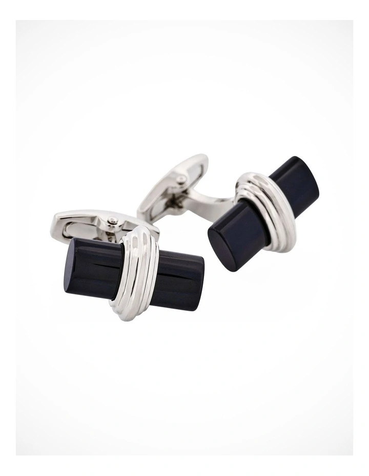 Polished Rhodium Plated Centre Onyx T-Bar Cufflinks image 2