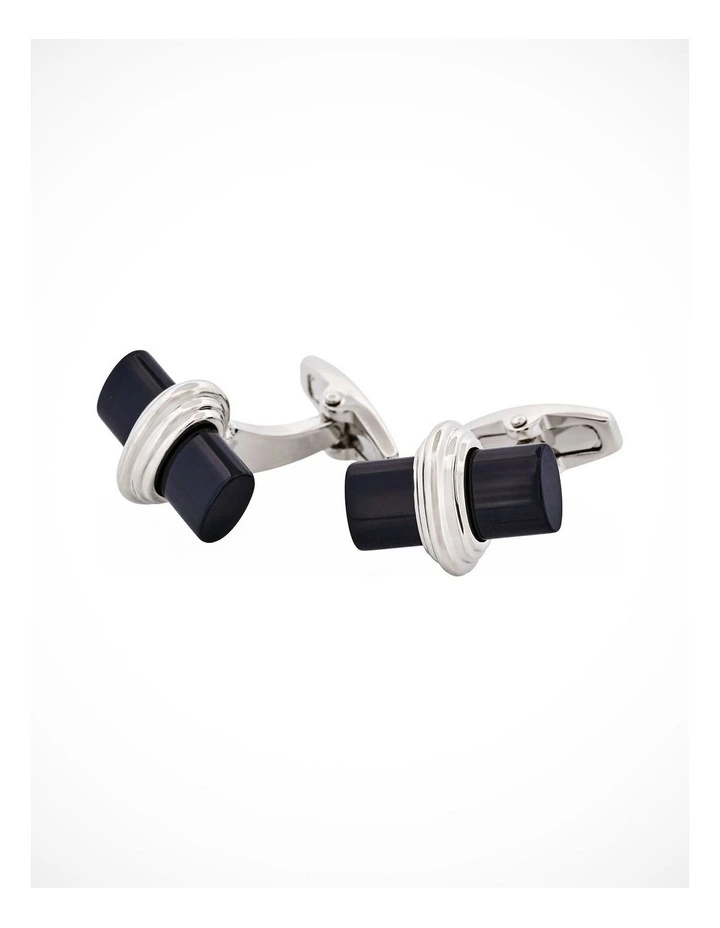 Polished Rhodium Plated Centre Onyx T-Bar Cufflinks image 3