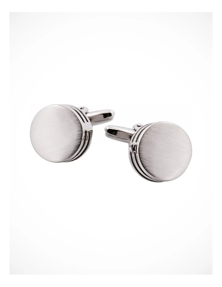 Brushed Rhodium Plated Round & Black Enamel Side Stripe Cufflinks image 1