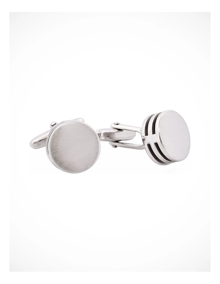 Brushed Rhodium Plated Round & Black Enamel Side Stripe Cufflinks image 2
