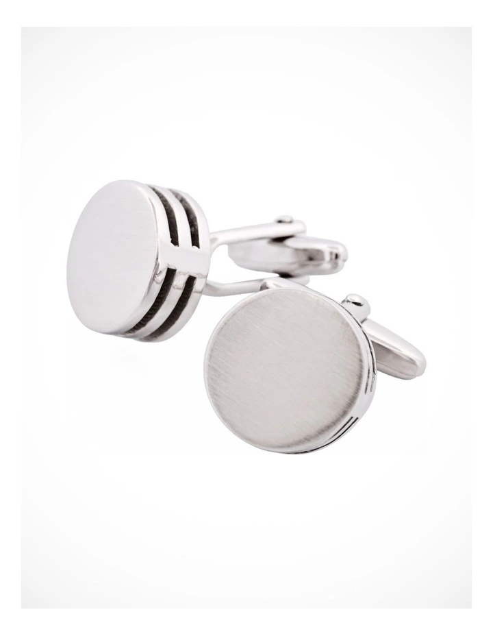 Brushed Rhodium Plated Round & Black Enamel Side Stripe Cufflinks image 3
