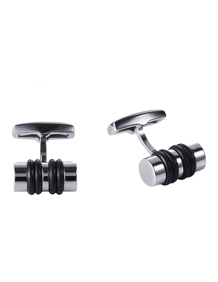 Stainless Steel & Black Rubber Cylinder Cufflinks image 1