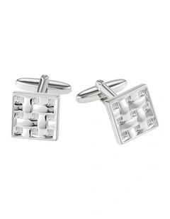 Brushed & Polished Rhodium Plated Square Weave Patterned Cufflinks