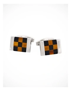 Polished Rhodium Plated Square Tiger Eye & Onyx Check Cufflinks