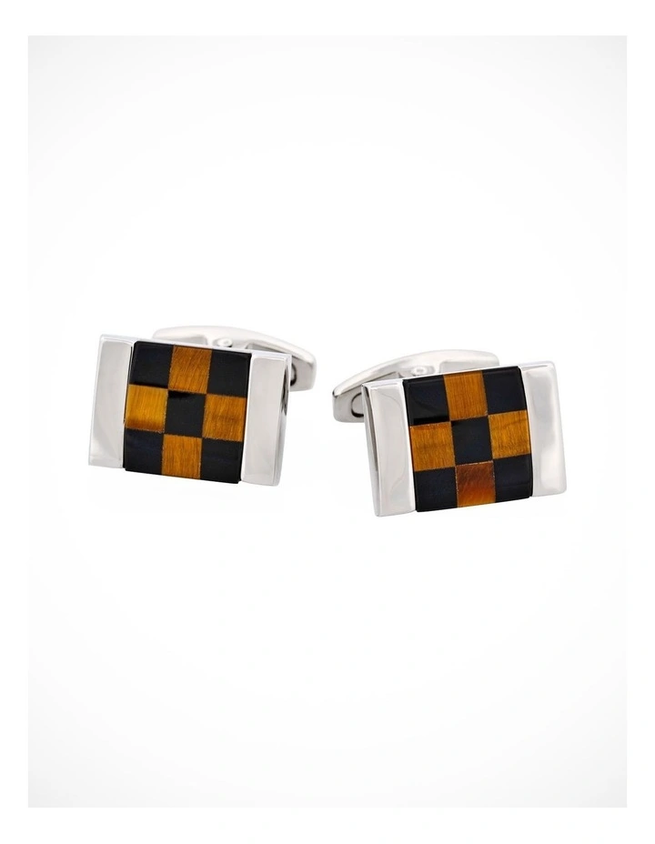 Polished Rhodium Plated Square Tiger Eye & Onyx Check Cufflinks image 1