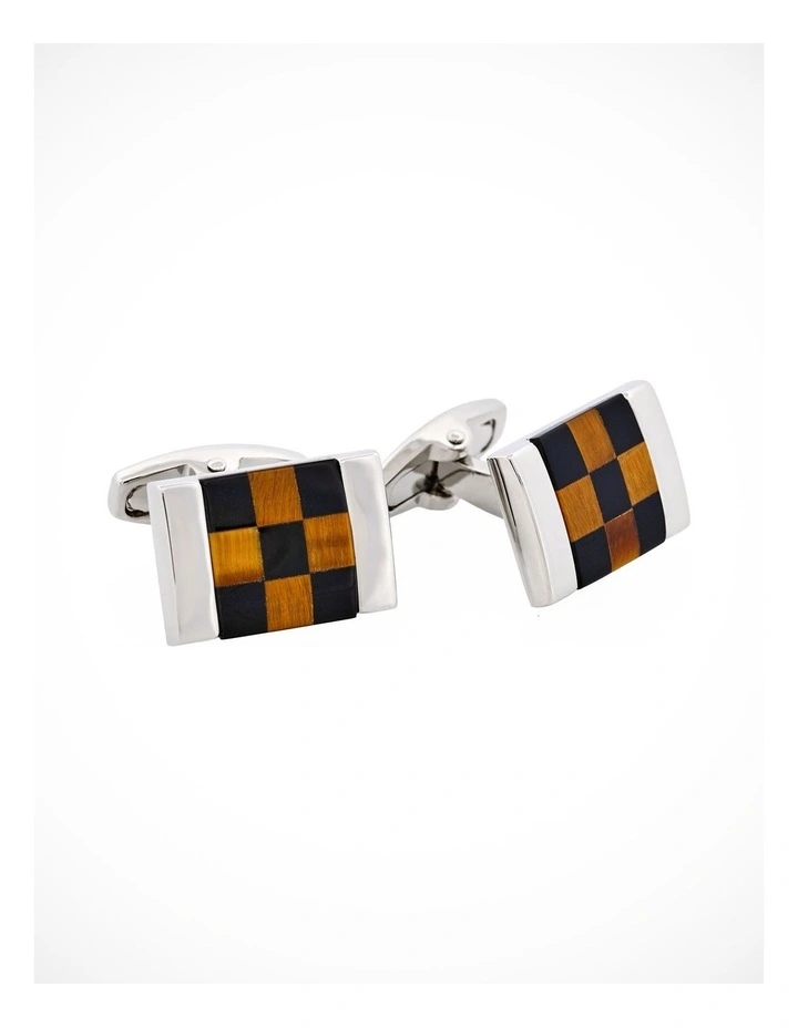Polished Rhodium Plated Square Tiger Eye & Onyx Check Cufflinks image 2