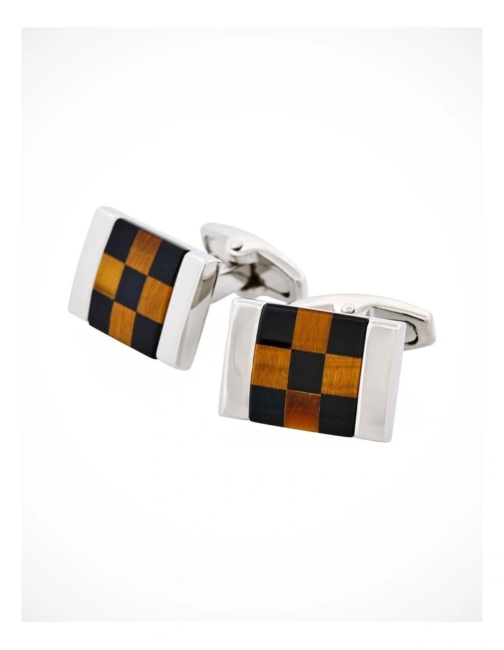 Polished Rhodium Plated Square Tiger Eye & Onyx Check Cufflinks image 3