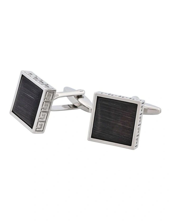 Square Black Cats Eye & Greek Key Boarder Cufflinks image 2
