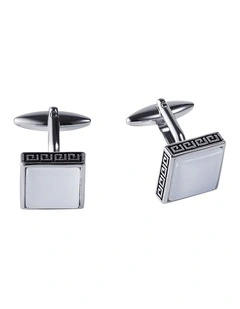 Square White Cats Eye & Greek Key Boarder Cufflinks