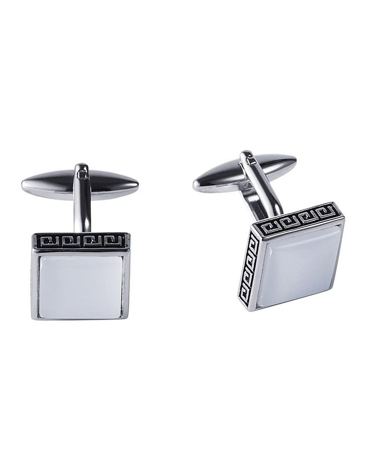 Square White Cats Eye & Greek Key Boarder Cufflinks image 1