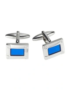 Polished Rhodium Plated Rectangle Cufflinks with Screw Details & Sky Blue Inlay