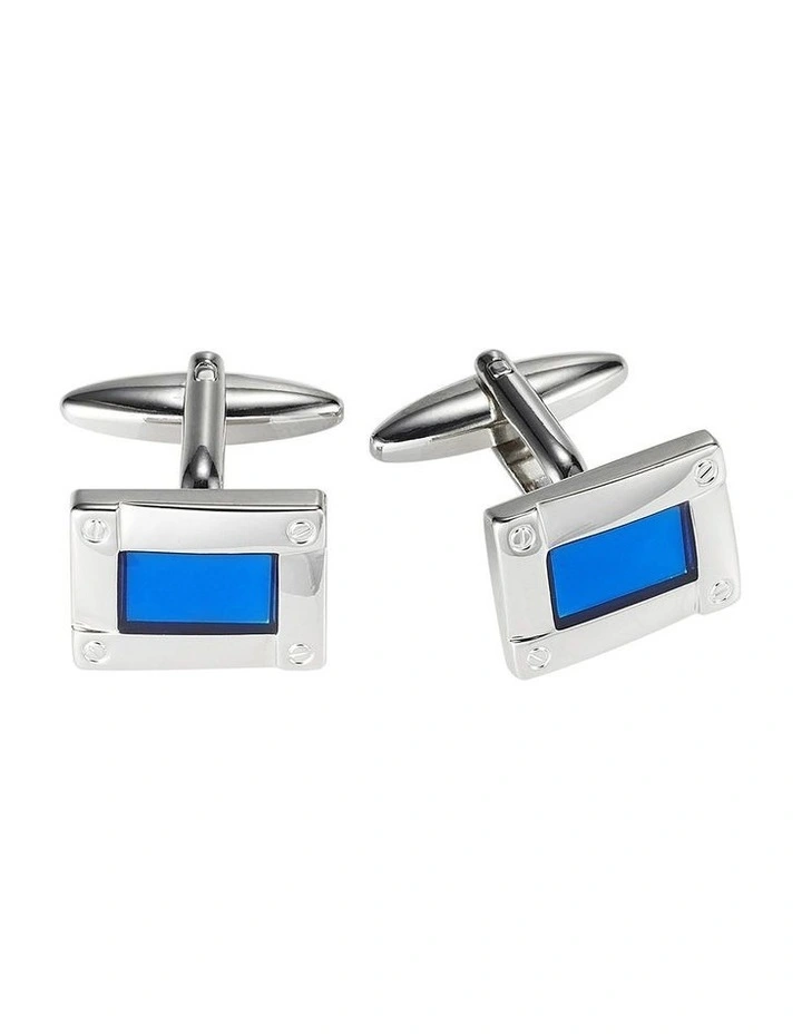 Polished Rhodium Plated Rectangle Cufflinks with Screw Details & Sky Blue Inlay image 1