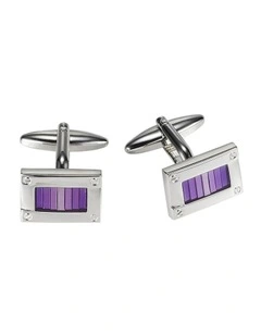 Polished Rhodium Plated Rectangle Cufflinks with Screw Details & Pink To Purple Enamel Inlay