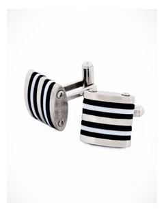 Brushed Stainless Steel Curved Face Cufflinks with Black & White Rubber