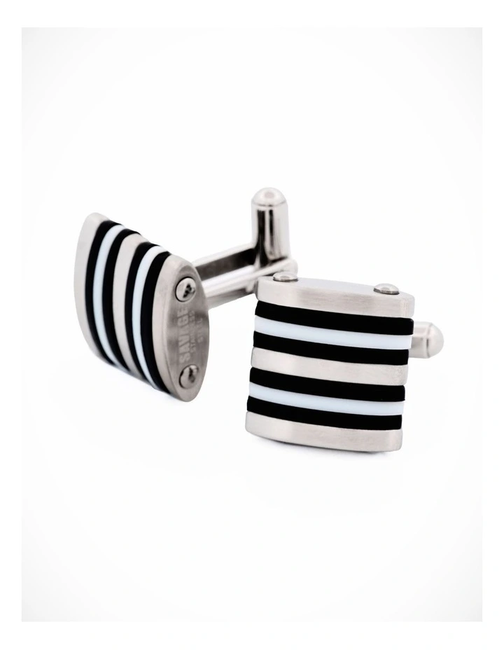 Brushed Stainless Steel Curved Face Cufflinks with Black & White Rubber image 1