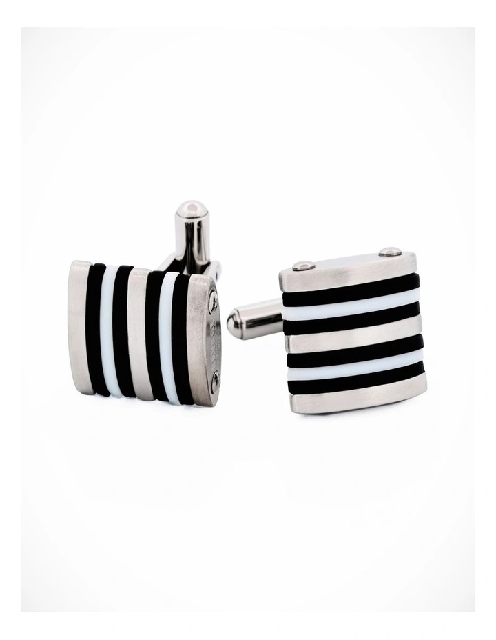 Brushed Stainless Steel Curved Face Cufflinks with Black & White Rubber image 2