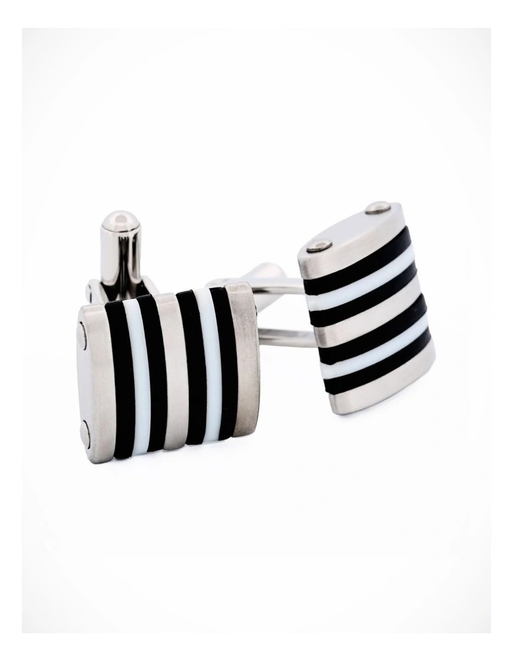 Brushed Stainless Steel Curved Face Cufflinks with Black & White Rubber image 3