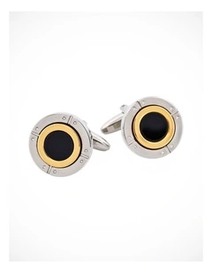 Rhodium & Gold Plated Black Enamel Round Cufflinks