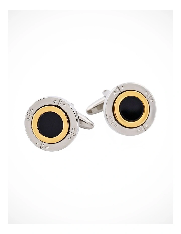 Rhodium & Gold Plated Black Enamel Round Cufflinks image 1