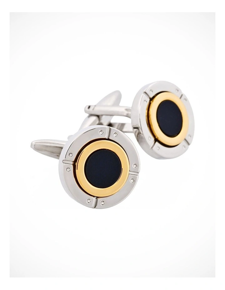 Rhodium & Gold Plated Black Enamel Round Cufflinks image 2