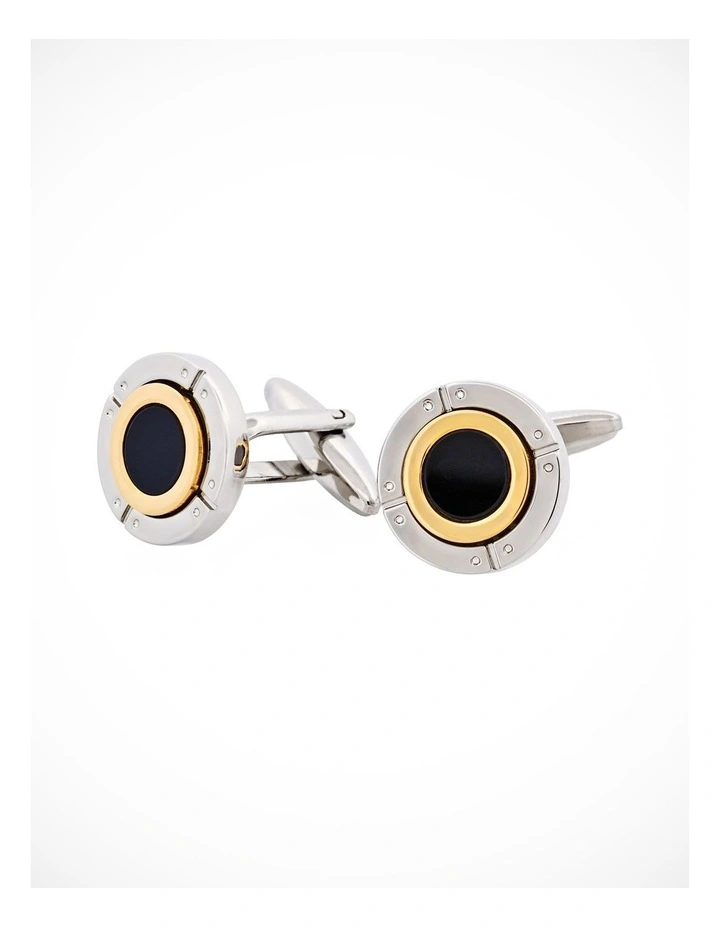 Rhodium & Gold Plated Black Enamel Round Cufflinks image 3